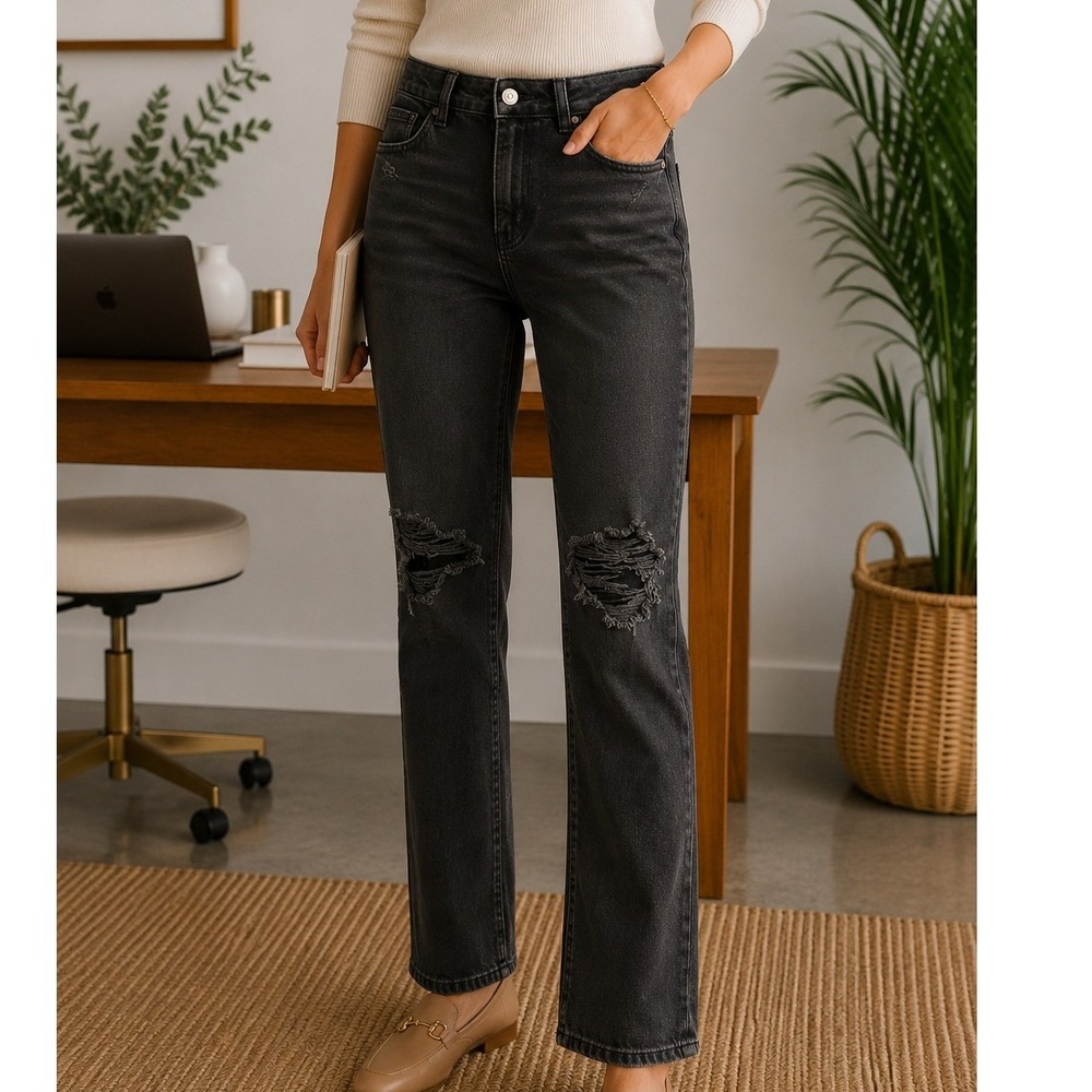 American Eagle Mom Jeans Womens Washed Black Distressed High Rise Denim Pants